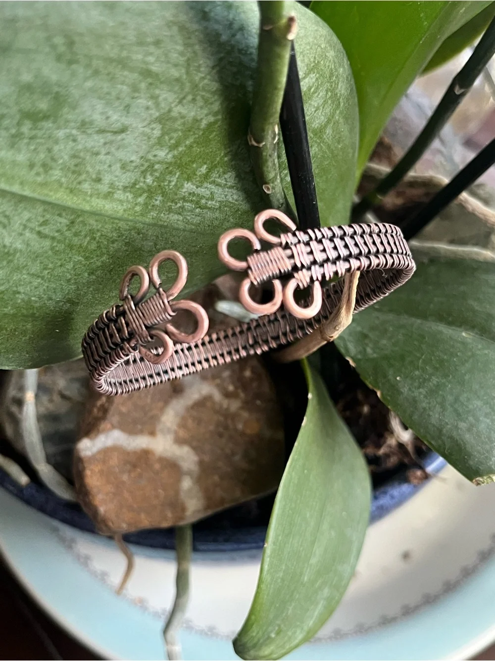 Handwoven Brown Wire Bracelet with Loop Accent. Oxidized copper.